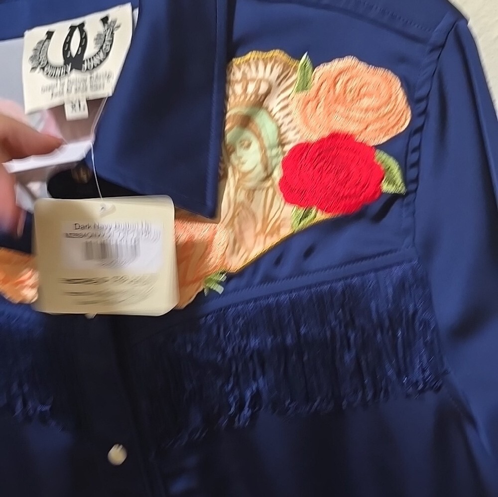 Rodeo Quincy Embroidered Fringe Satin Western Shirt Jacket - Picture 3 of 4
